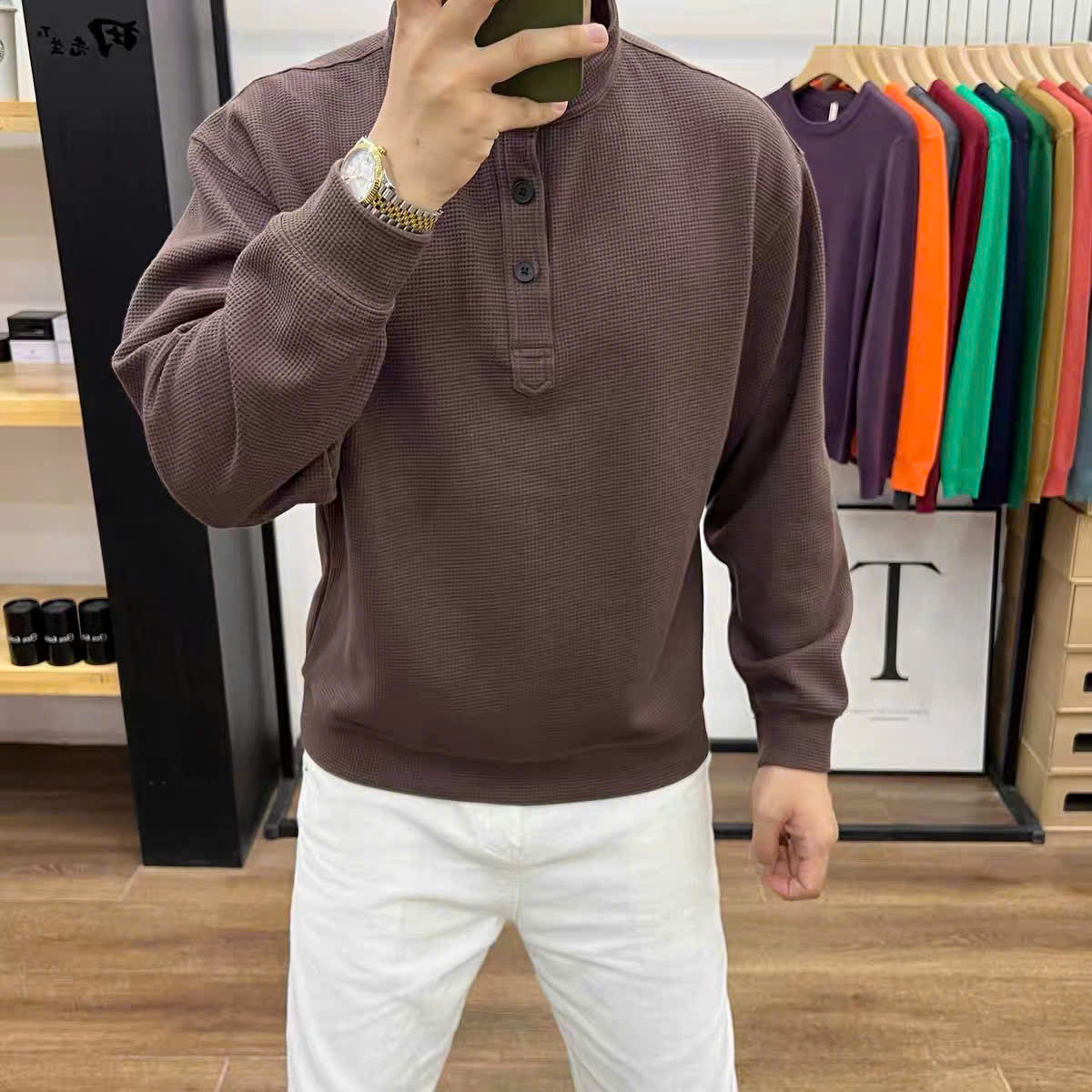 Áo sweater dệt cổ nút thanh lịch cho nam