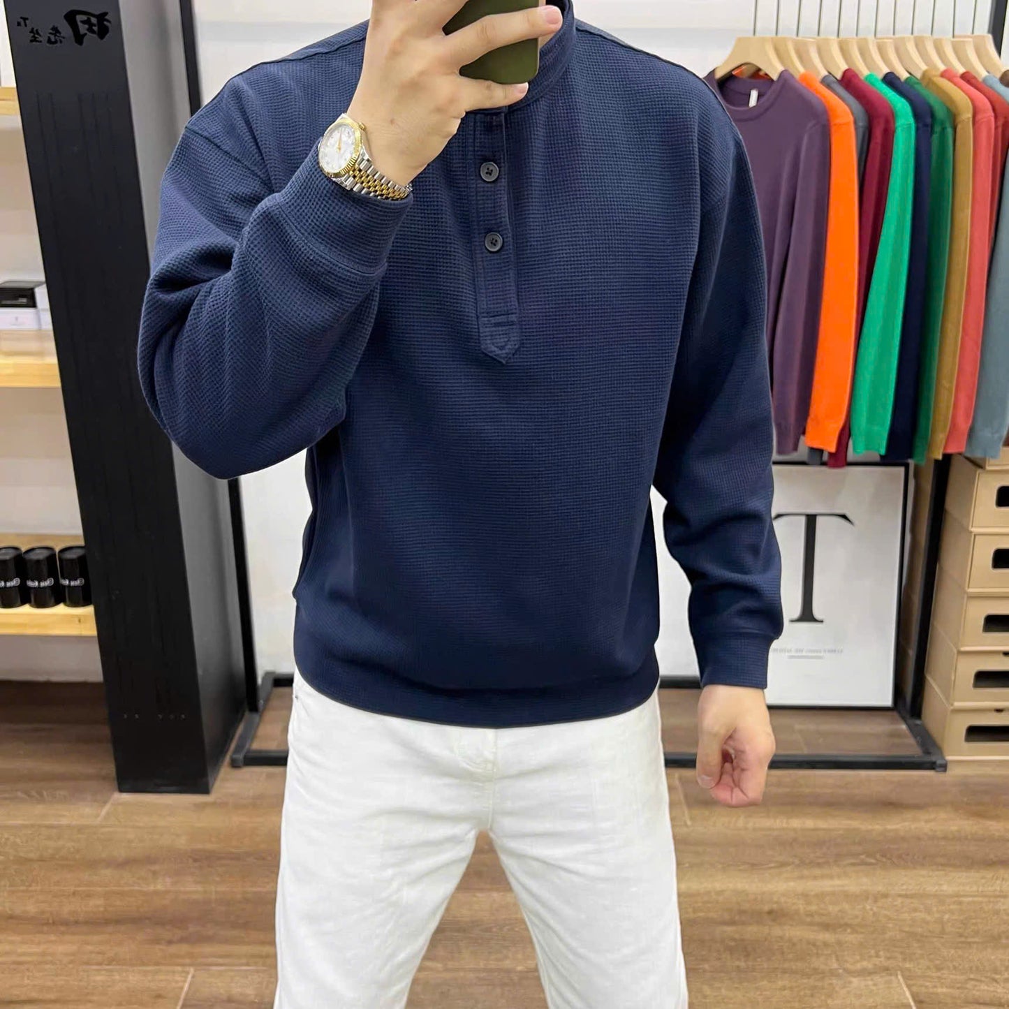 Áo sweater dệt cổ nút thanh lịch cho nam