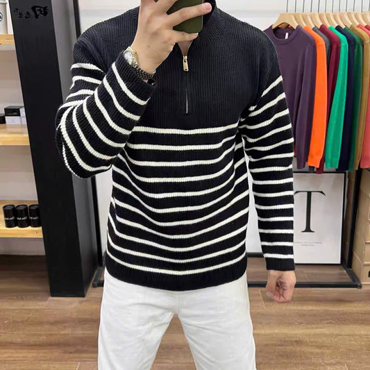 Áo sweater len sọc ngang cổ dây kéo