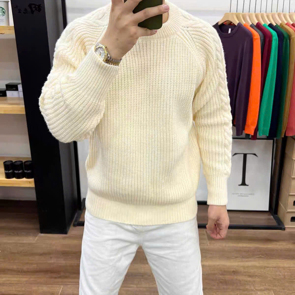 Áo sweater len dệt kim kem- đen - đỏ đô