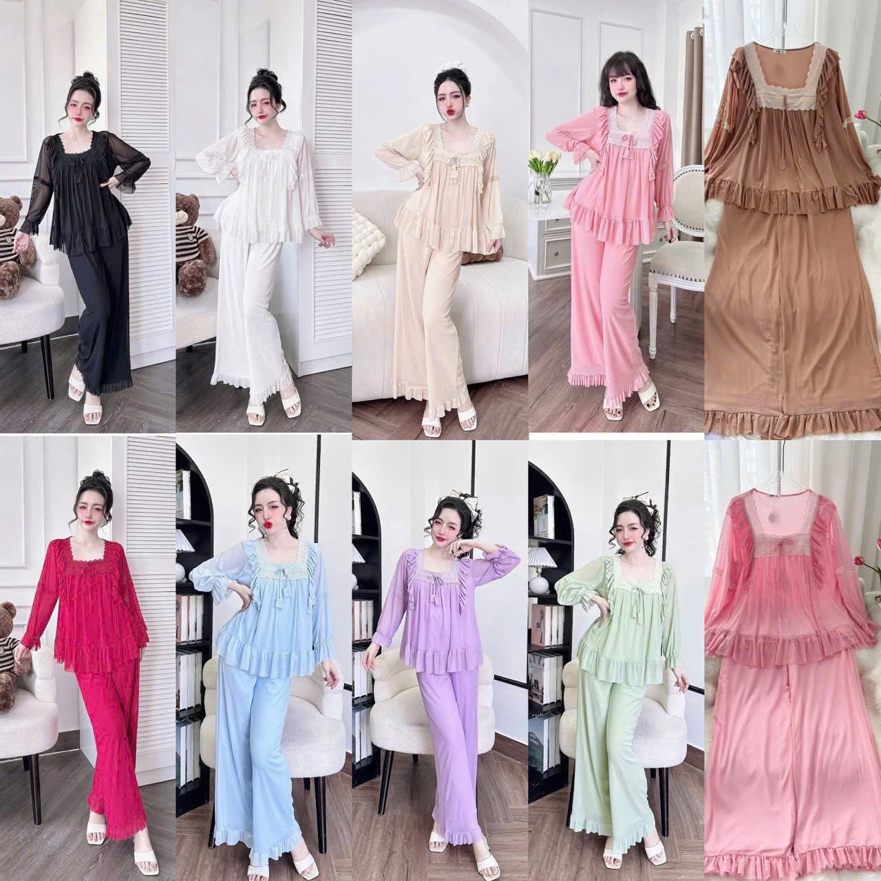 Bộ ngủ tiểu thư dài ren ngực mềm mịn