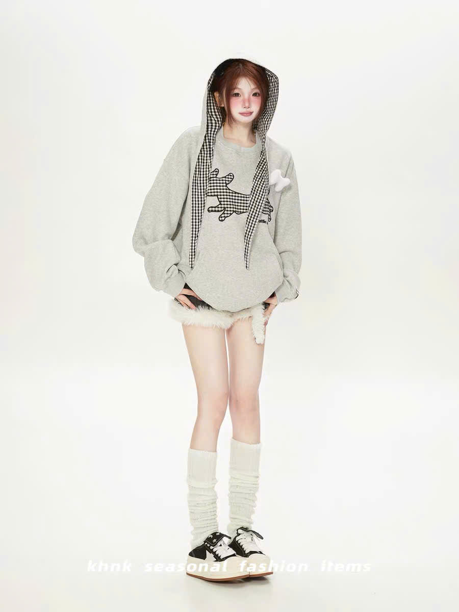 Áo hoodie phối caro cún