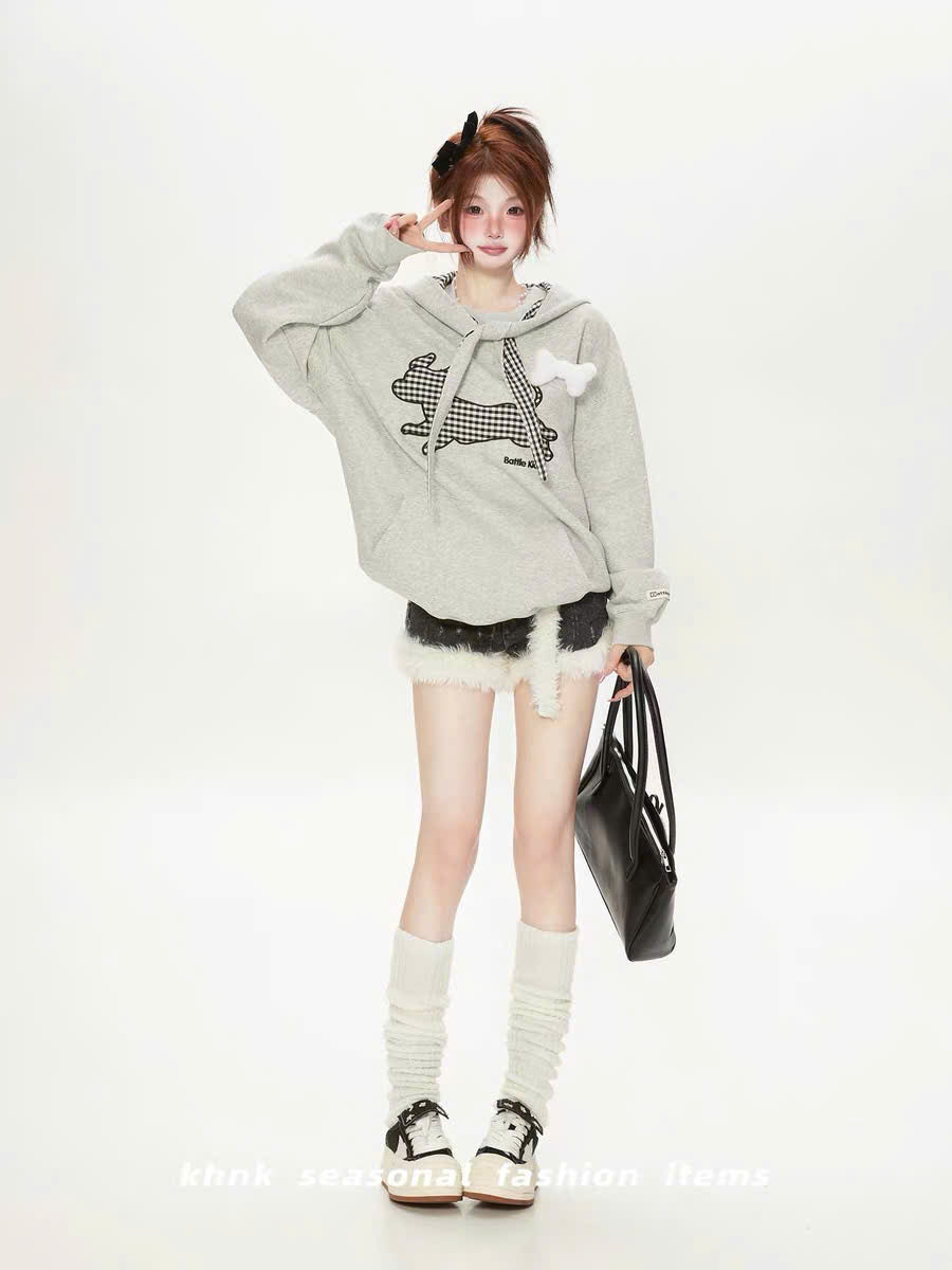 Áo hoodie phối caro cún