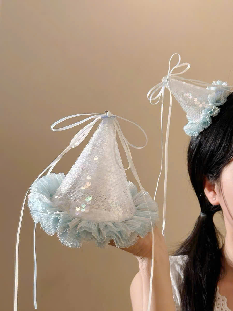 Kẹp tóc mũ sinh nhật nơ lấp lánh