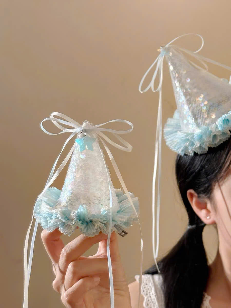 Kẹp tóc mũ sinh nhật nơ lấp lánh