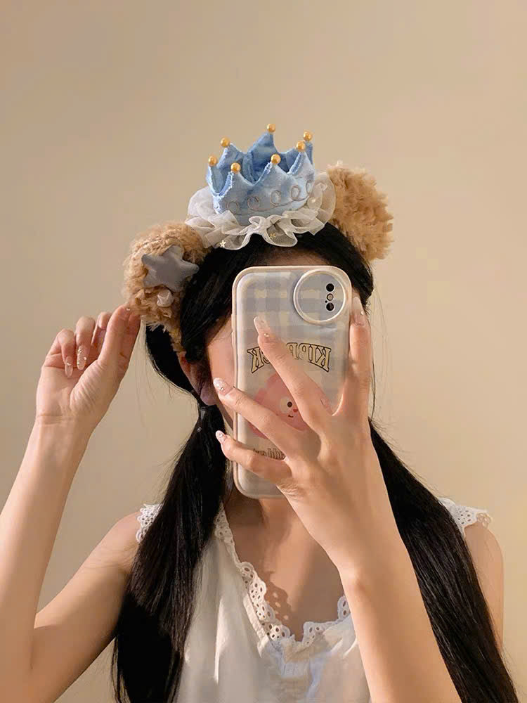 Bờm tóc tai gấu đeo vương miện cài tóc
