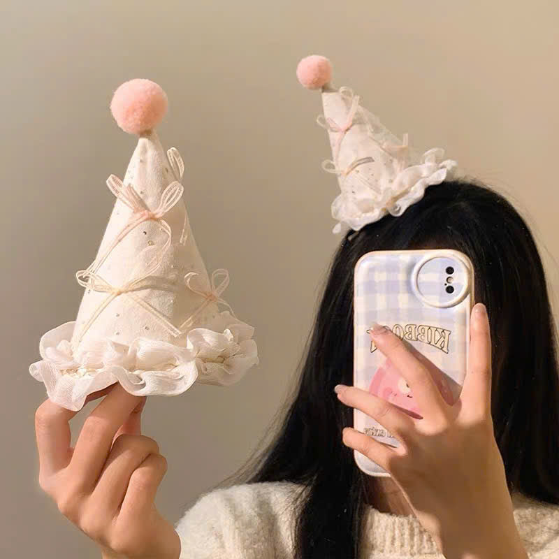 Kẹp tóc mũ sinh nhật trắng hồng