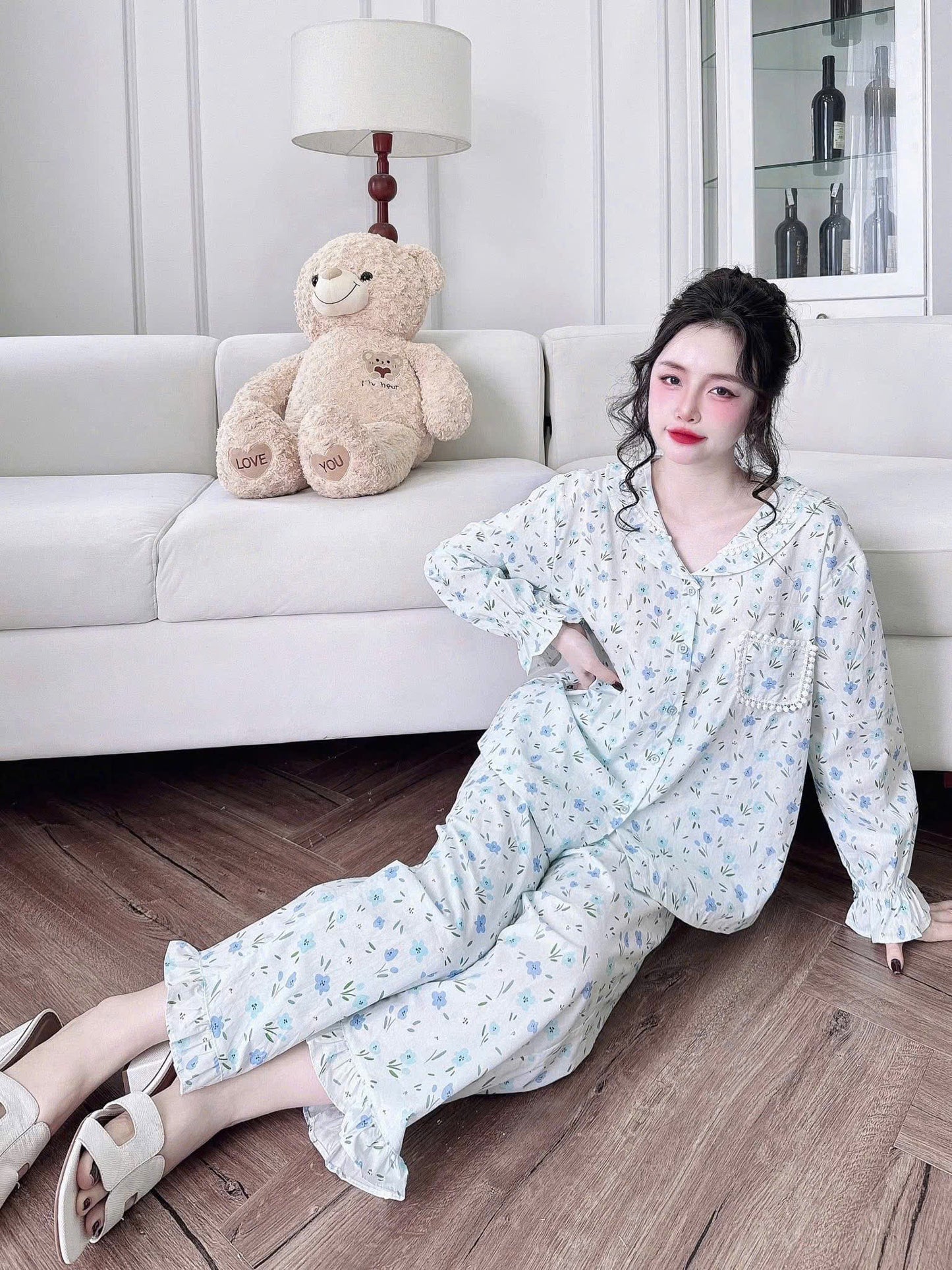 Bộ ngủ dài kate xô QC phối ren