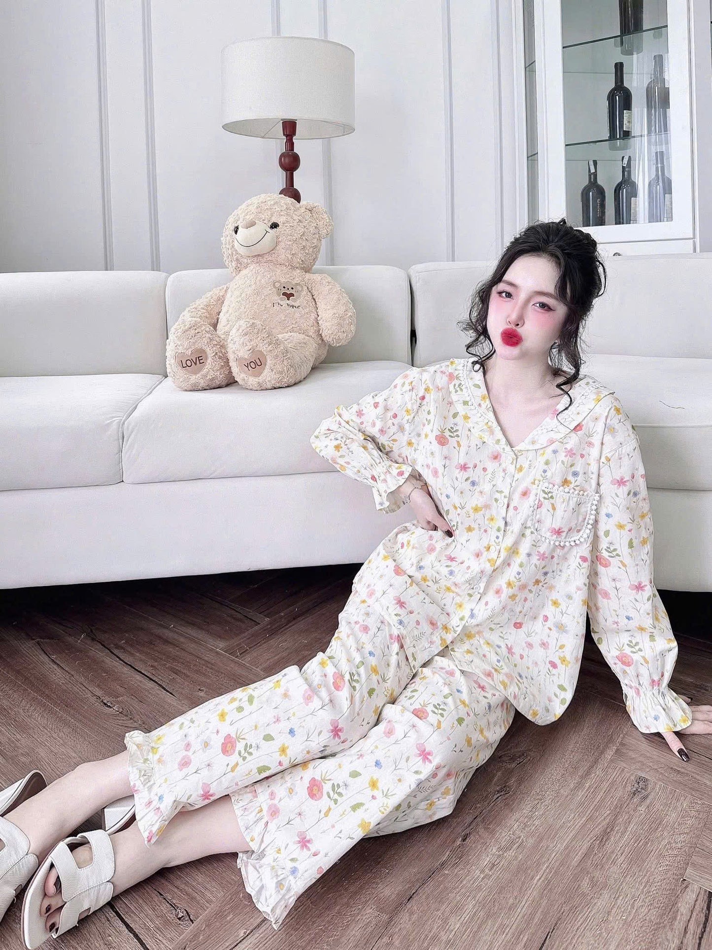 Bộ ngủ dài kate xô QC phối ren