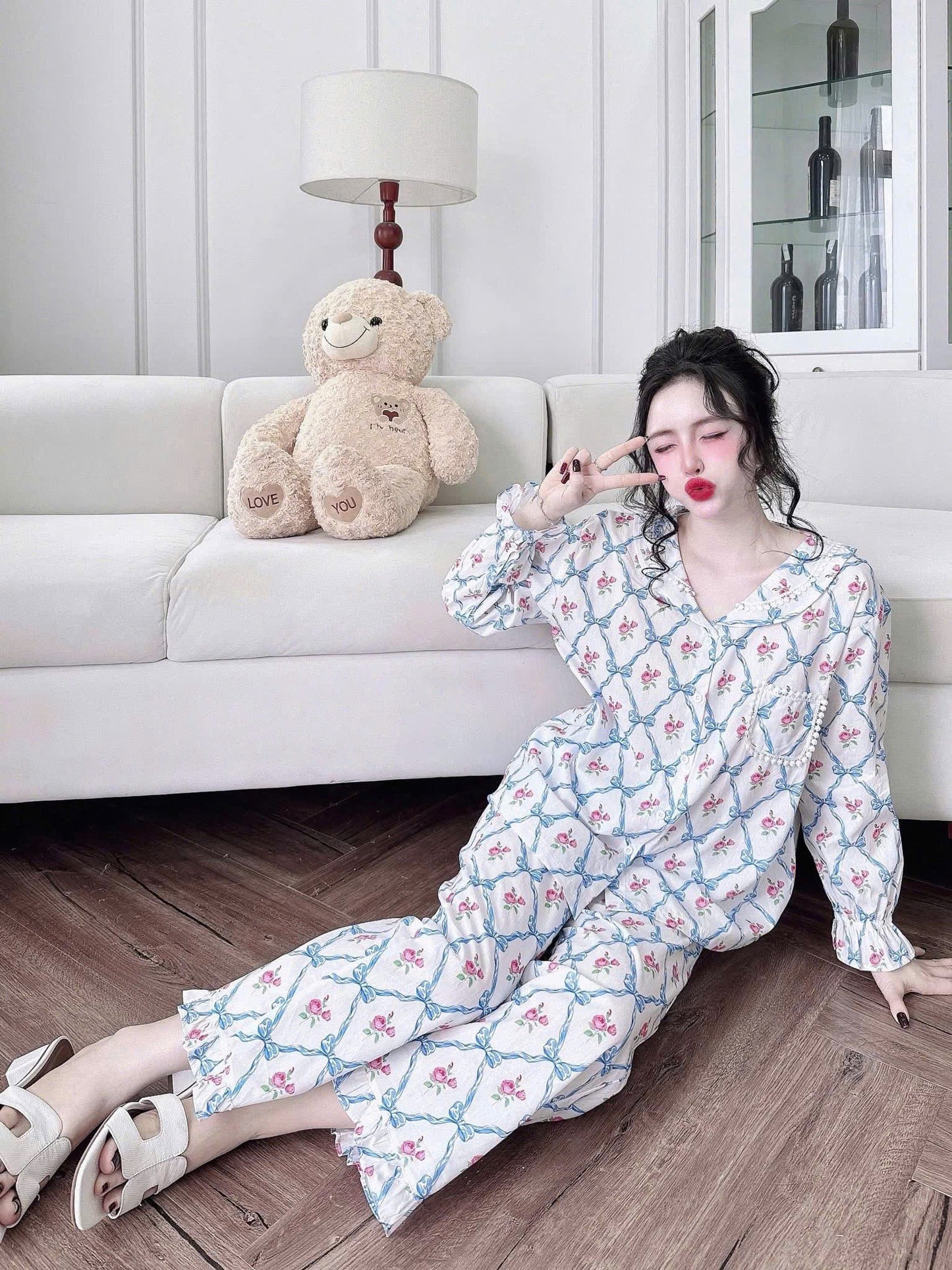 Bộ ngủ dài kate xô QC phối ren