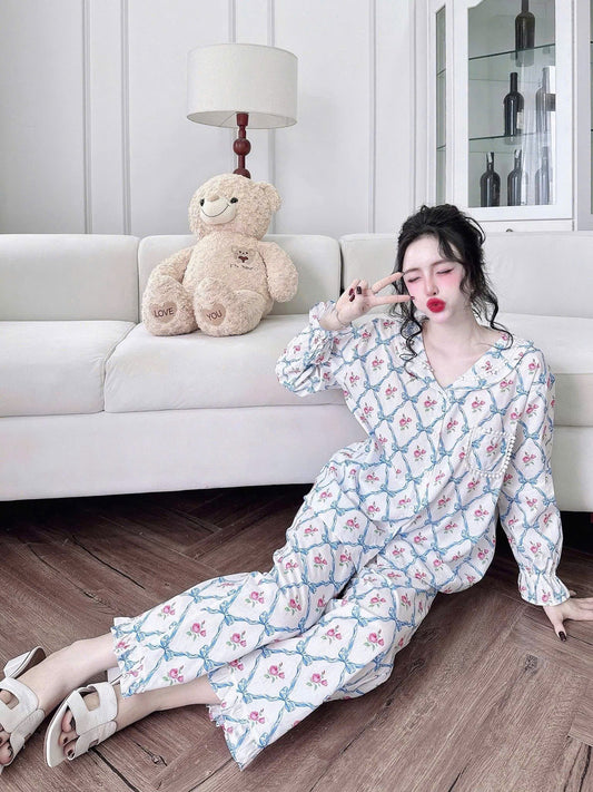 Bộ ngủ dài kate xô QC phối ren