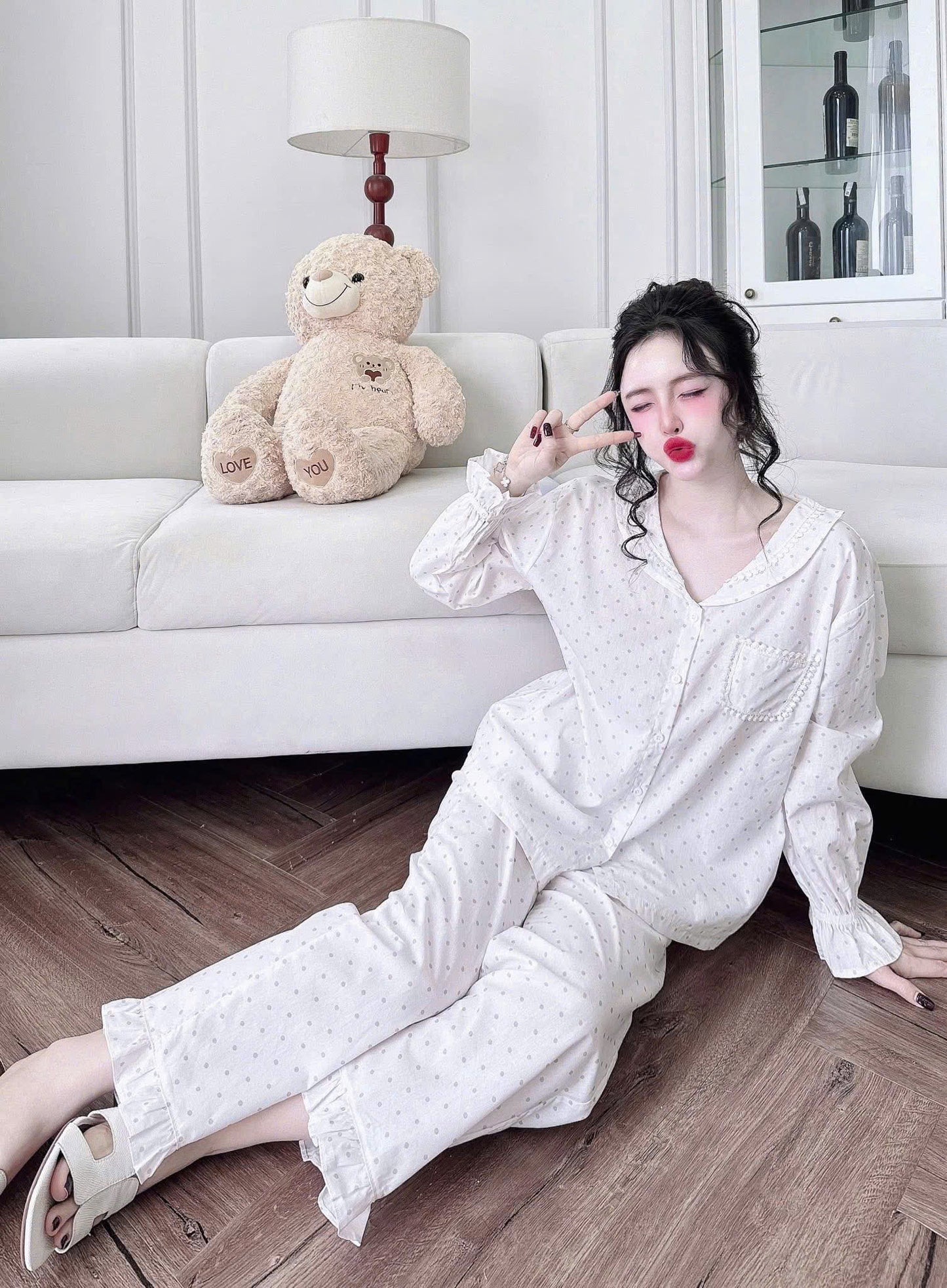 Bộ ngủ dài kate xô QC phối ren