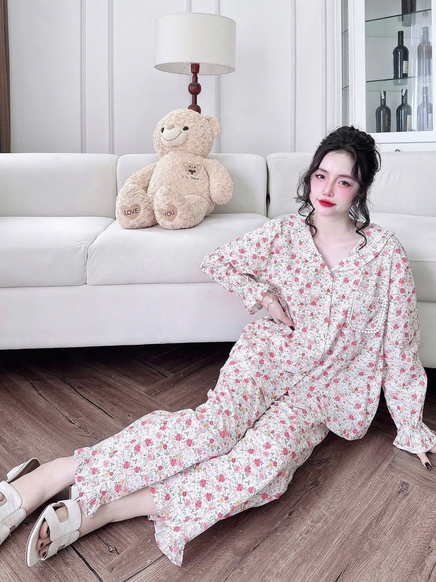 Bộ ngủ dài kate xô QC phối ren