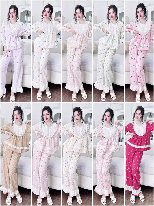 Bộ ngủ dài cotton xô phối ren
