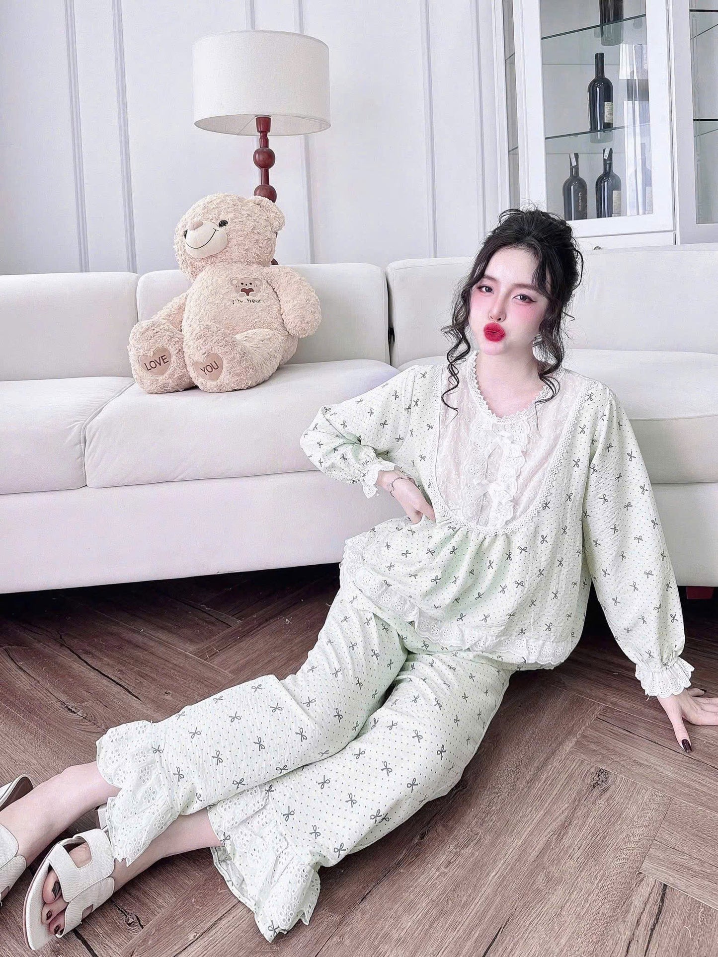 Bộ ngủ dài cotton xô phối ren