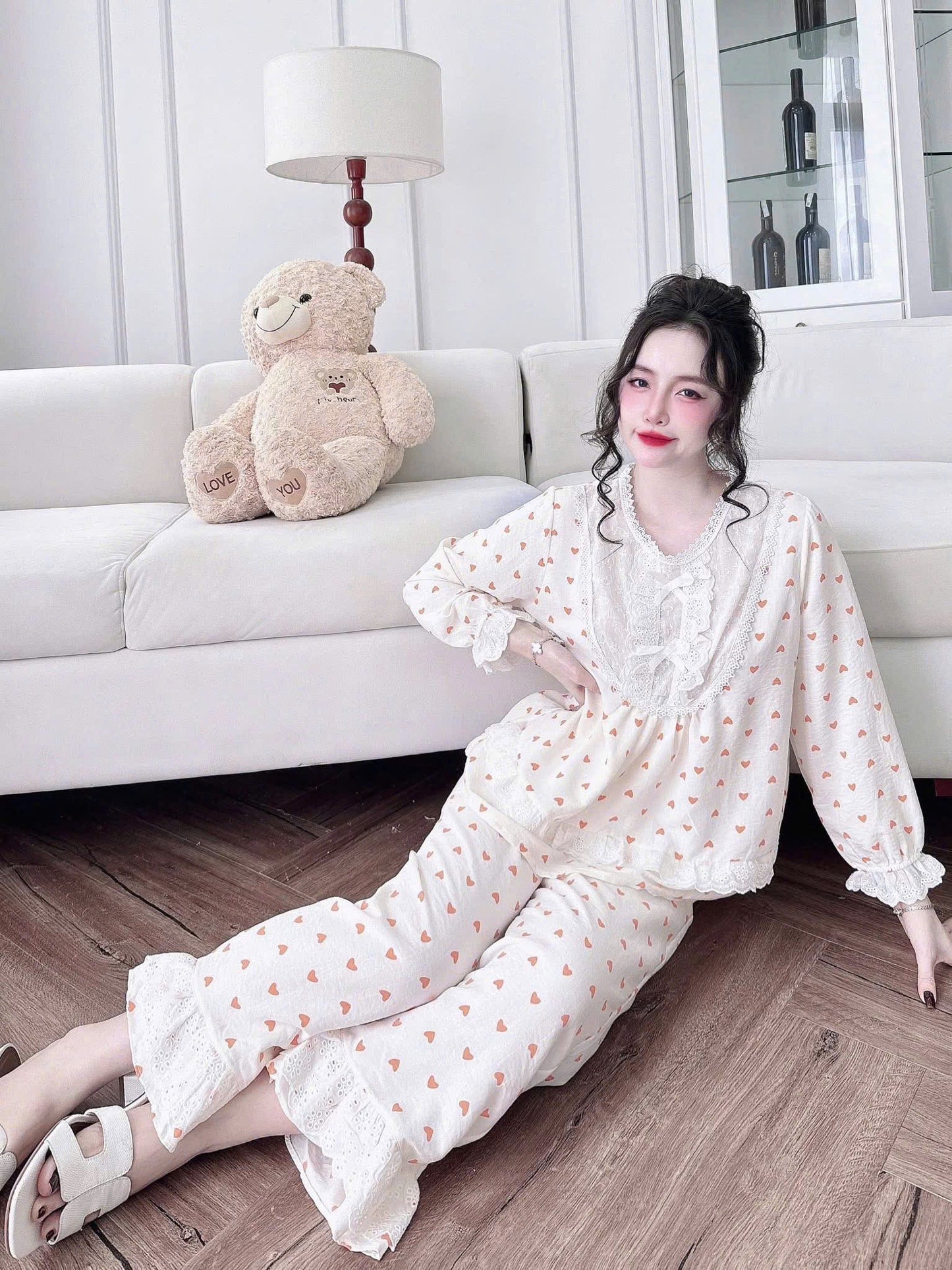 Bộ ngủ dài cotton xô phối ren