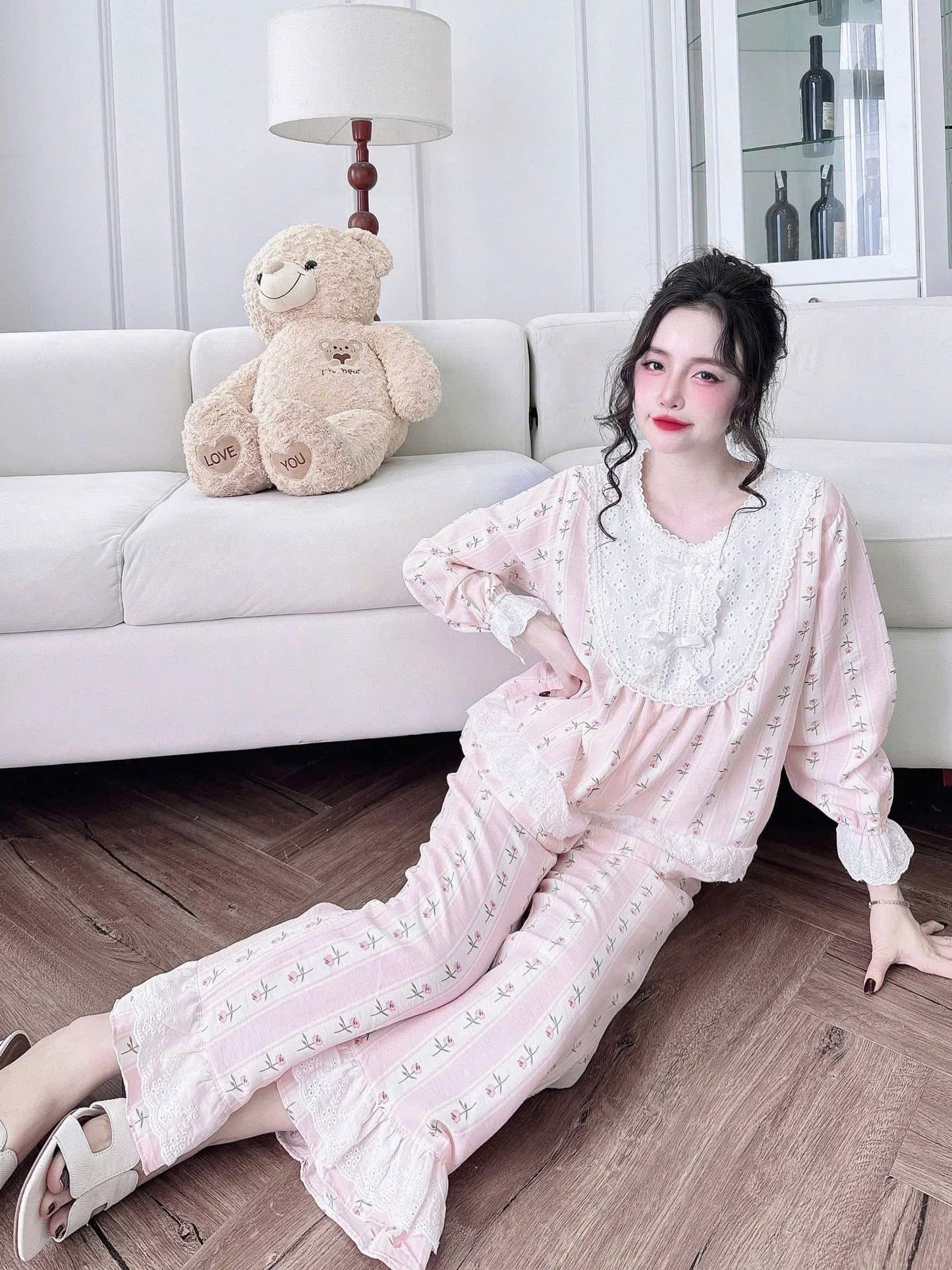 Bộ ngủ dài cotton xô phối ren