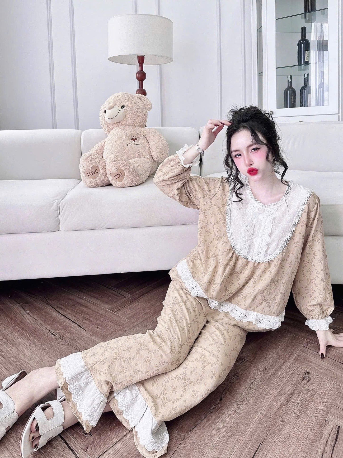 Bộ ngủ dài cotton xô phối ren