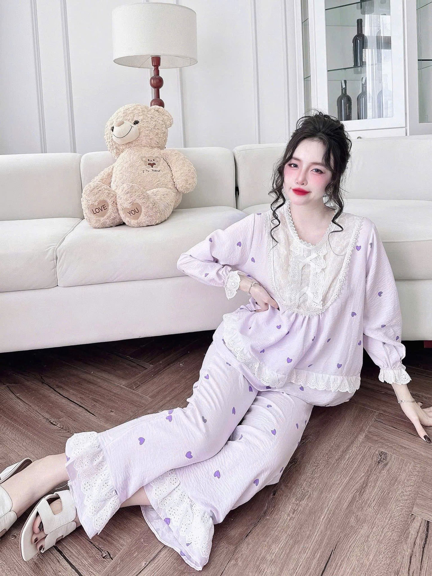 Bộ ngủ dài cotton xô phối ren