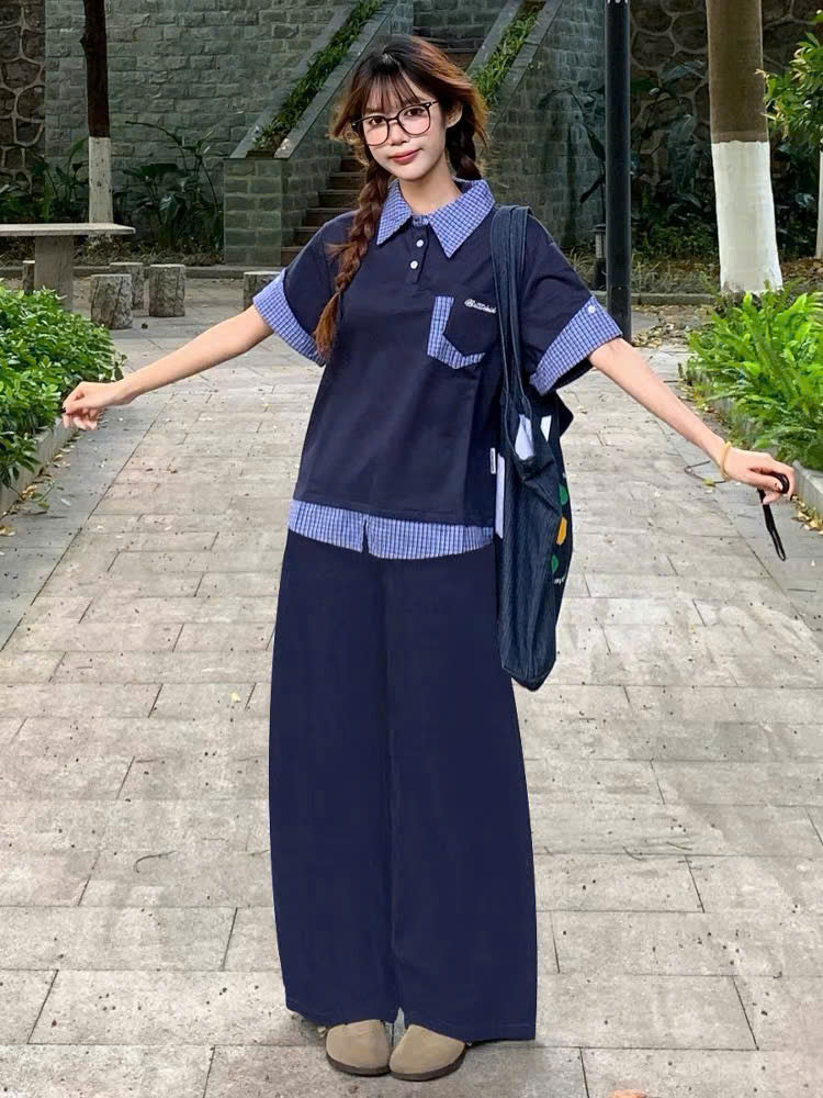 Set áo sơ mi tay ngắn và quần suông xanh đậm