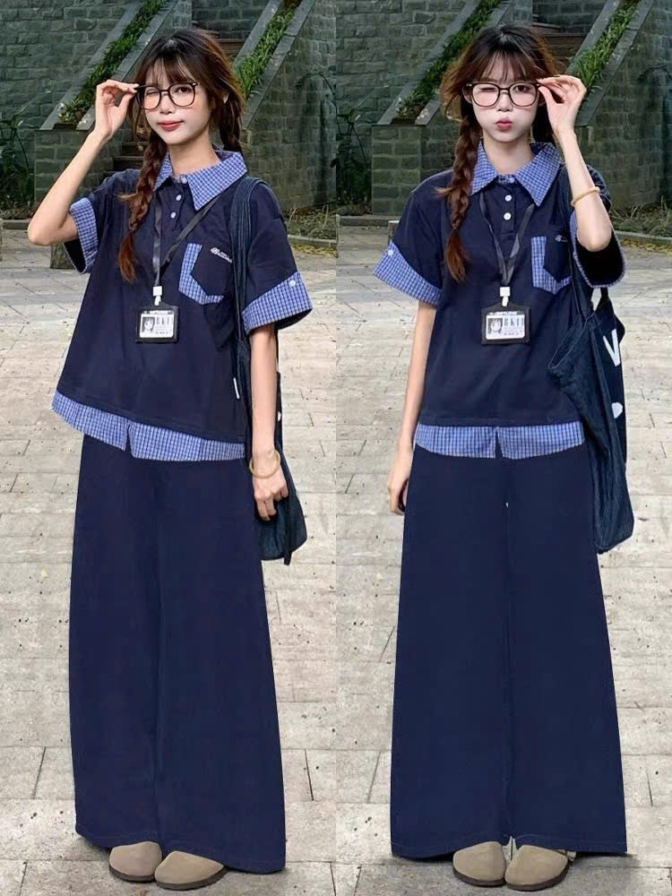 Set áo sơ mi tay ngắn và quần suông xanh đậm