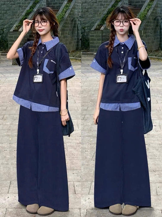 Set áo sơ mi tay ngắn và quần suông xanh đậm