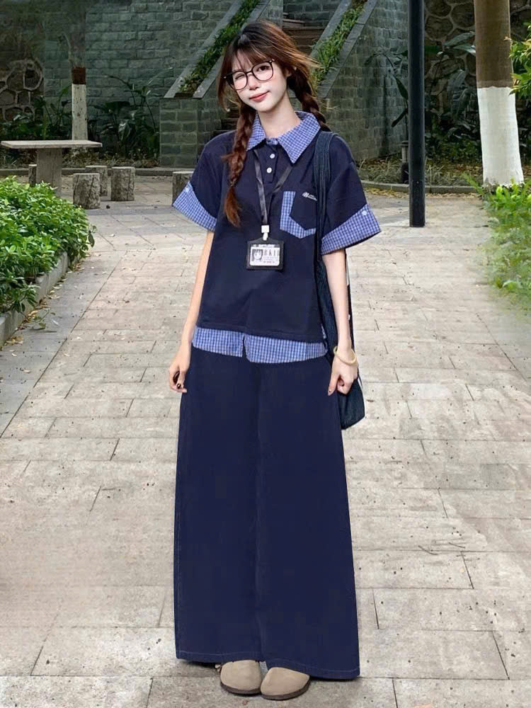 Set áo sơ mi tay ngắn và quần suông xanh đậm