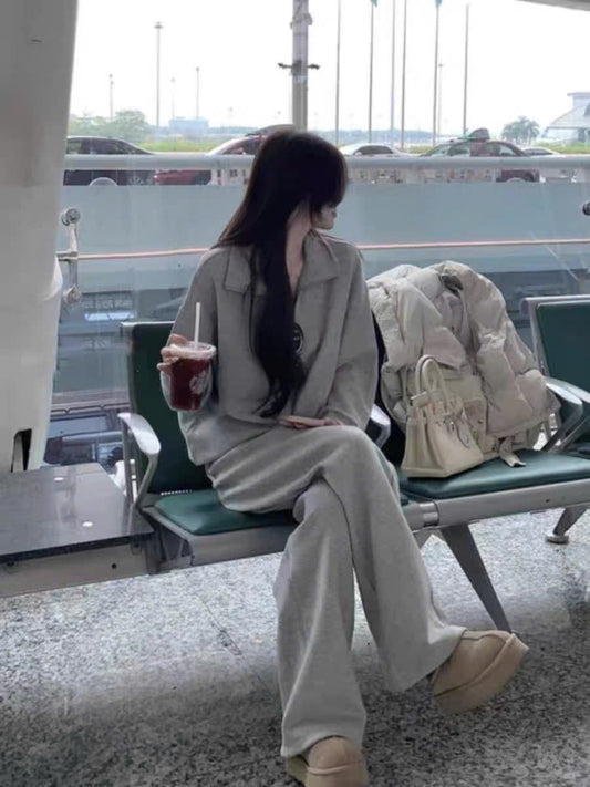 Bộ nỉ cổ áo khóa kéo và quần dài xám