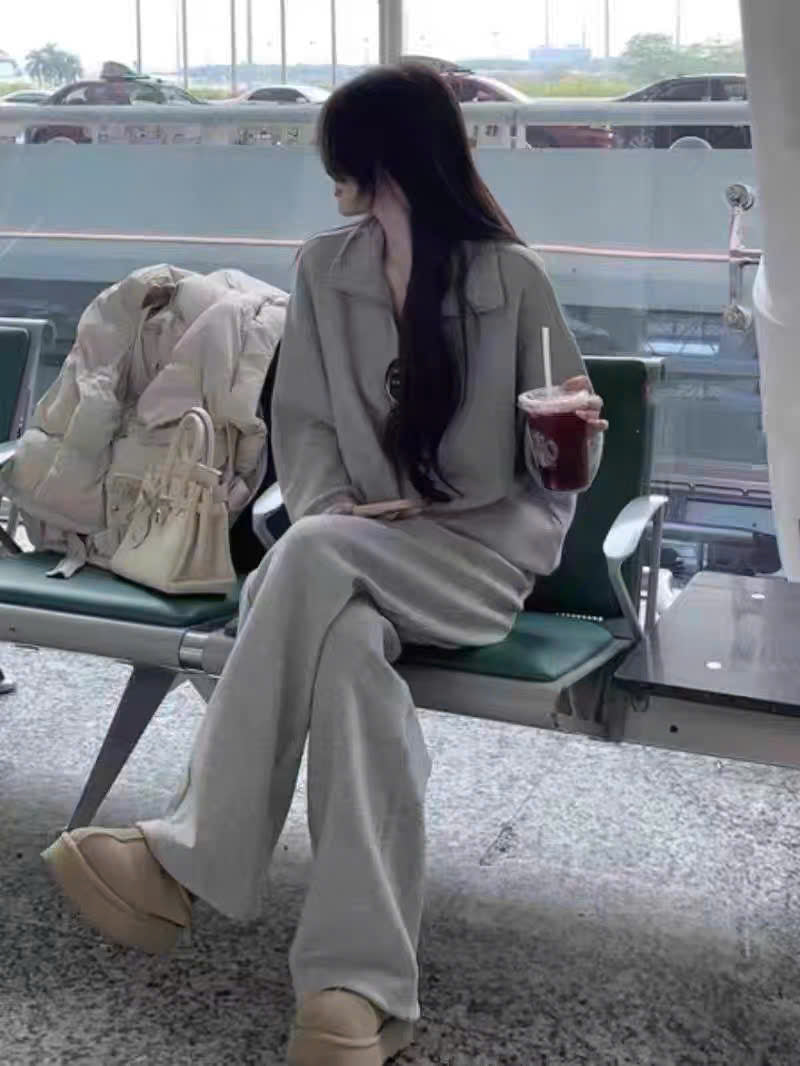 Bộ nỉ cổ áo khóa kéo và quần dài xám