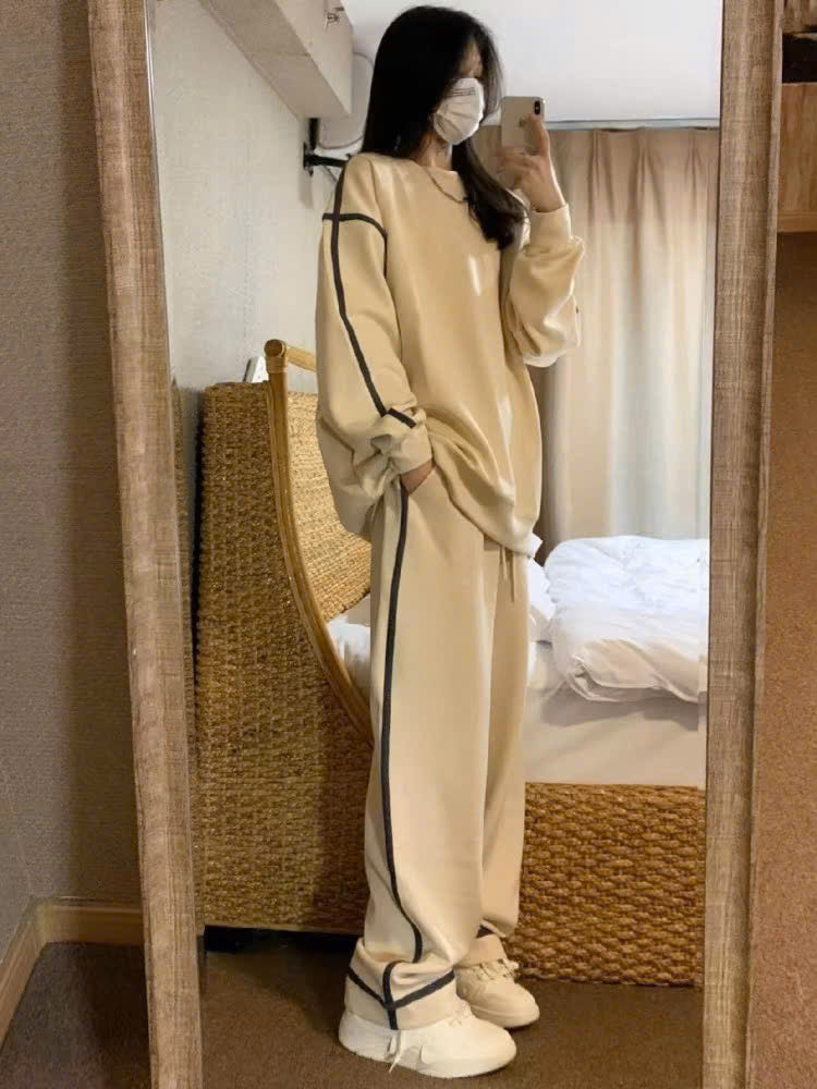 Bộ nỉ sweater quần dài be sọc đen