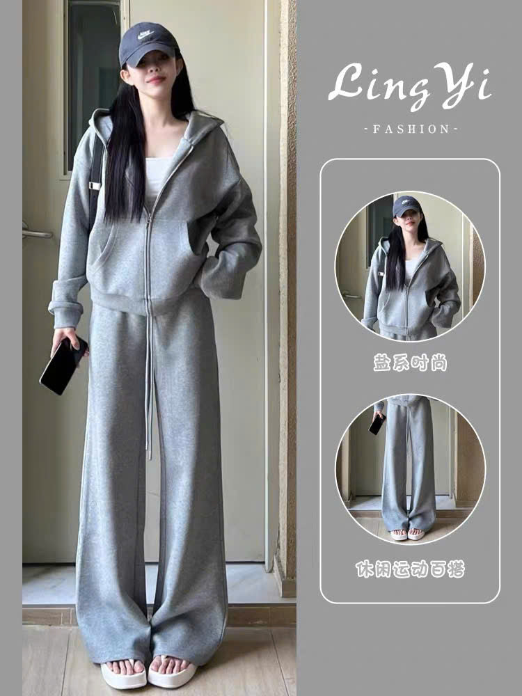 Set áo khoác nỉ và quần suông dây rút