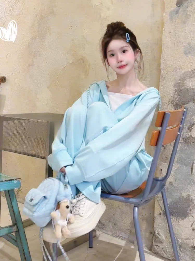 Set áo hoodie cổ V rộng và quần nỉ dài