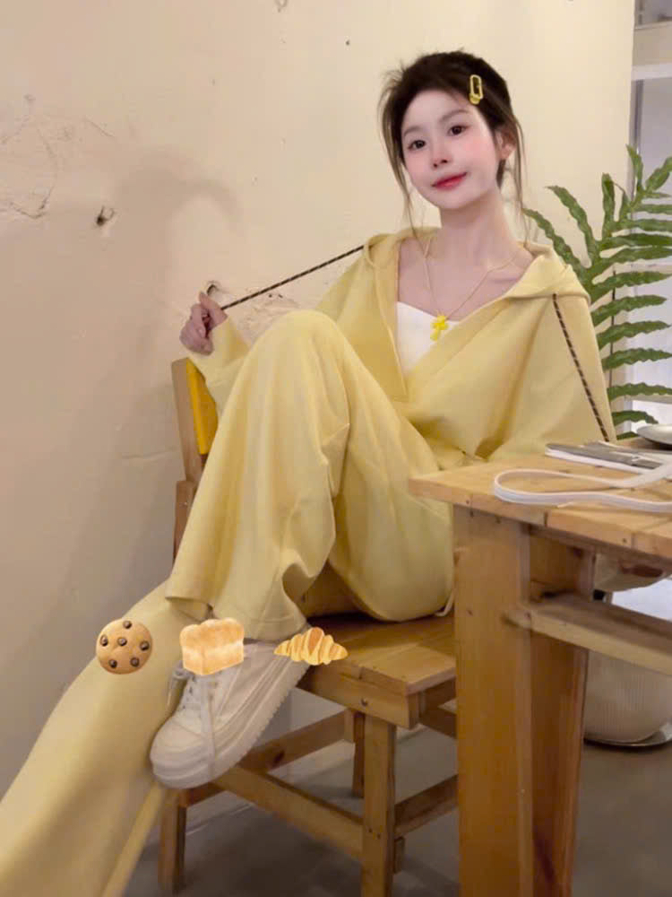 Set áo hoodie cổ V rộng và quần nỉ dài