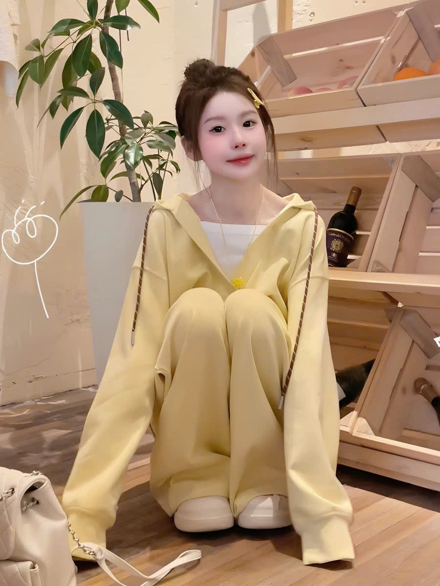Set áo hoodie cổ V rộng và quần nỉ dài