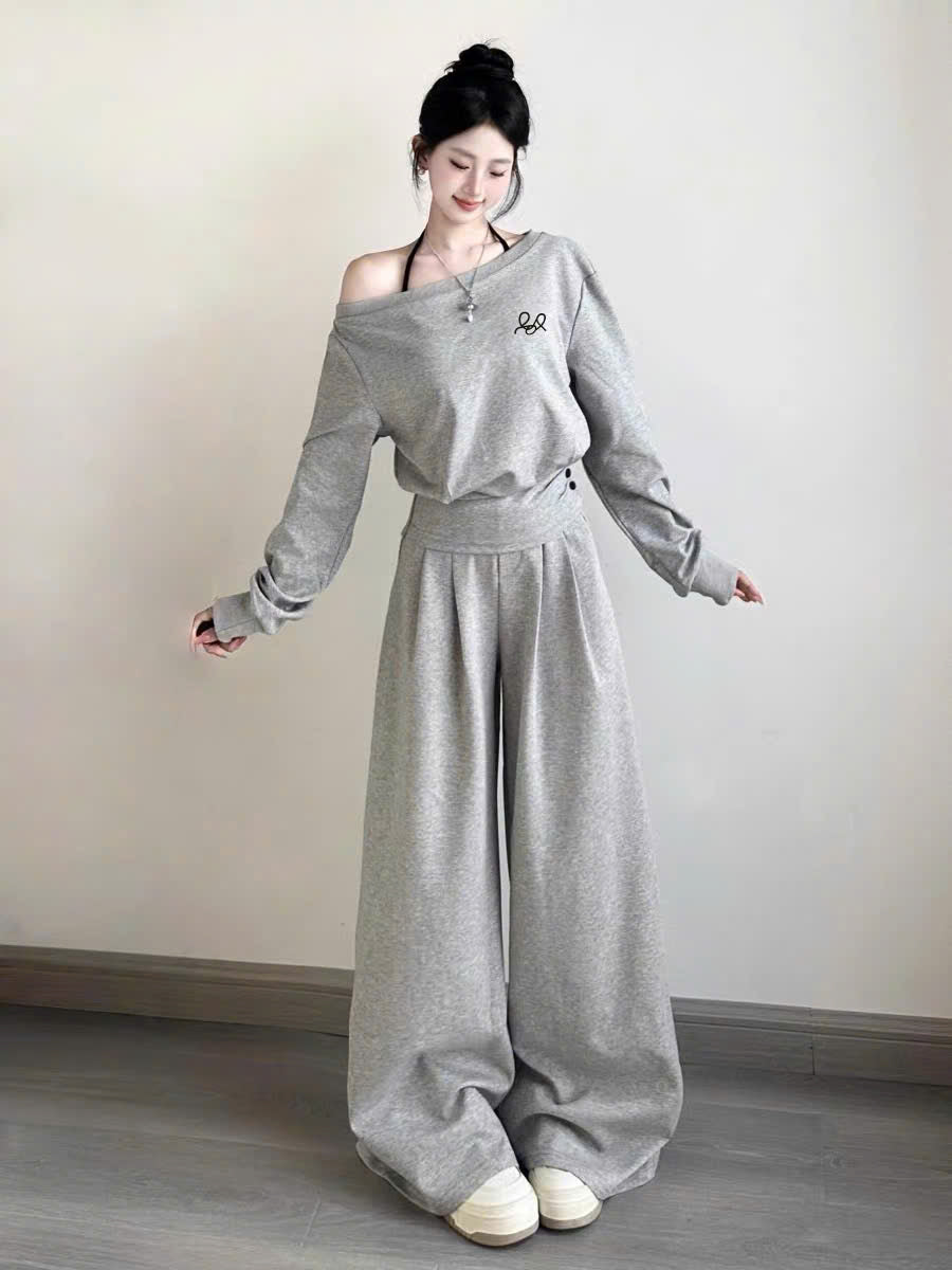 Set áo nỉ lệch vai và quần dài xám - đen