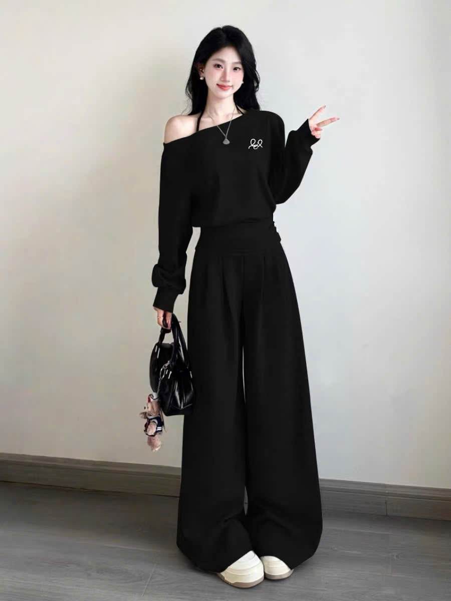 Set áo nỉ lệch vai và quần dài xám - đen