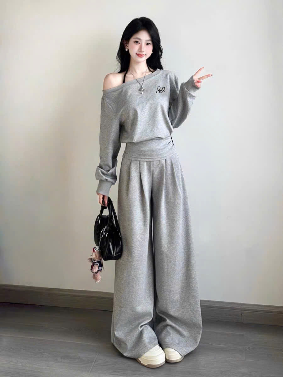 Set áo nỉ lệch vai và quần dài xám - đen