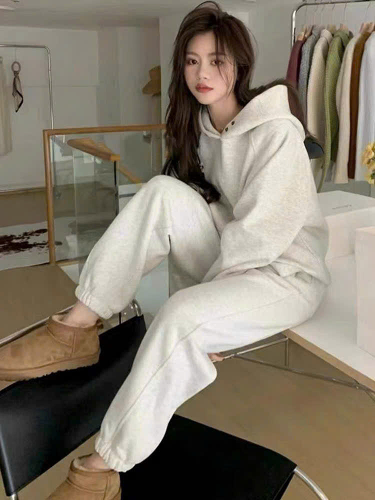 Bộ hoodie quần jogger xám tiêu nỉ thu đông