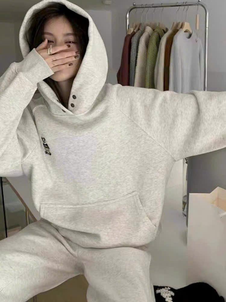 Bộ hoodie quần jogger xám tiêu nỉ thu đông