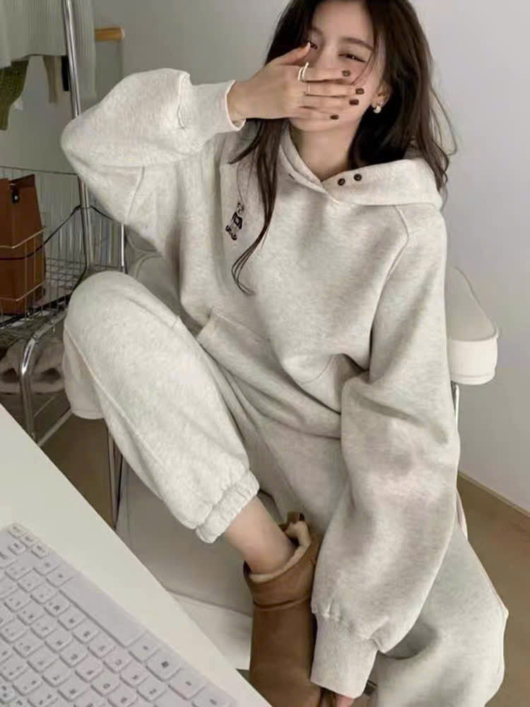 Bộ hoodie quần jogger xám tiêu nỉ thu đông