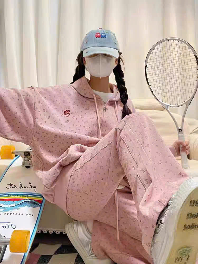 Bộ nỉ áo khoác hồng quần dài họa tiết cún