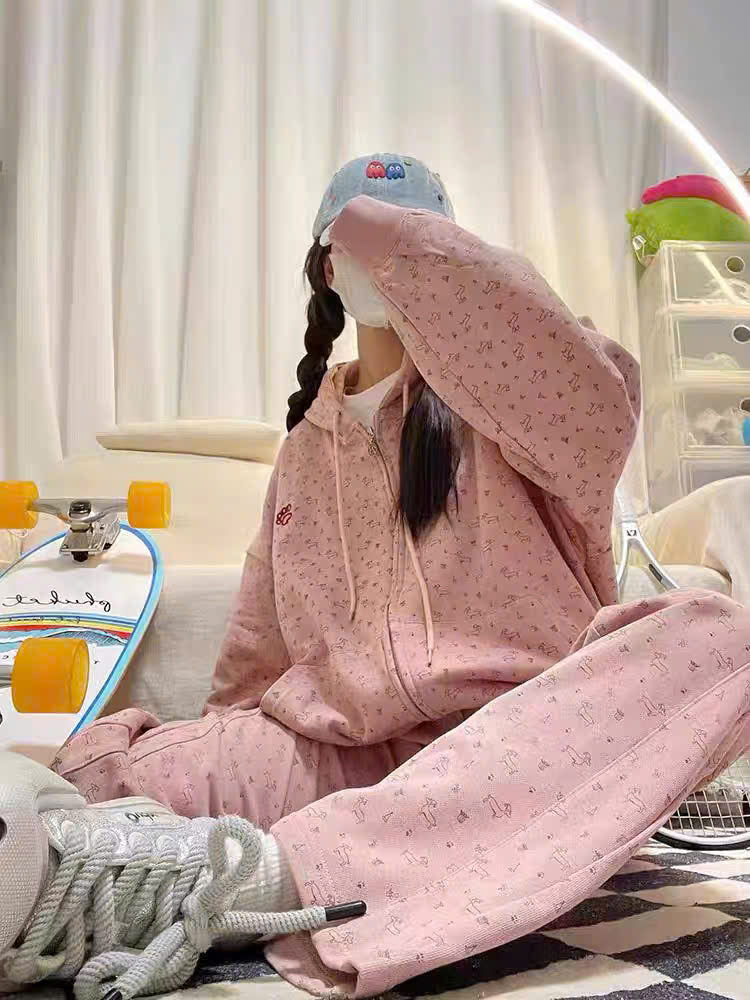 Bộ nỉ áo khoác hồng quần dài họa tiết cún