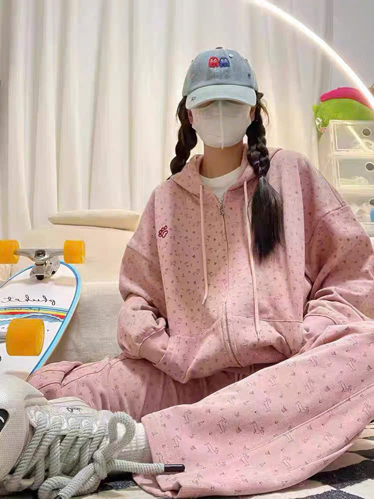 Bộ nỉ áo khoác hồng quần dài họa tiết cún