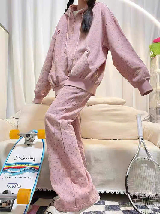 Bộ nỉ áo khoác hồng quần dài họa tiết cún