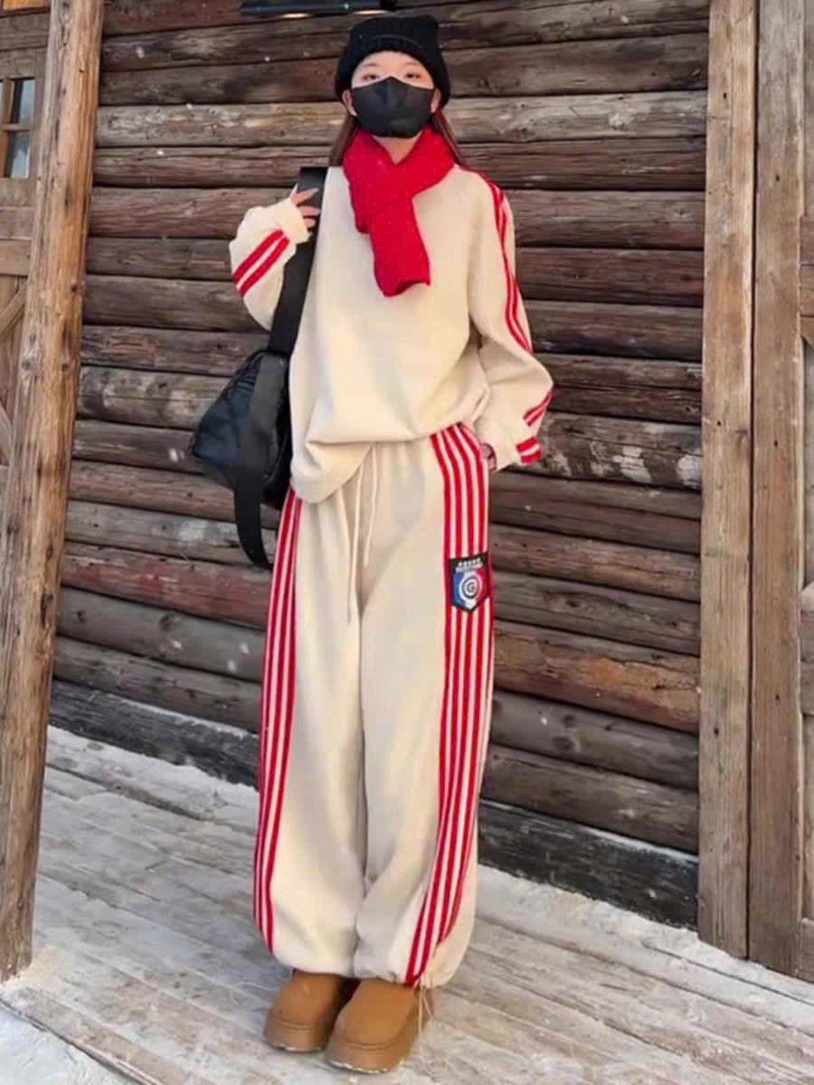 Bộ nỉ sweater kem sọc đỏ