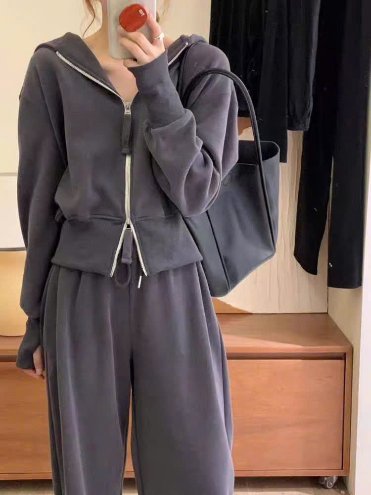 Bộ nỉ áo khoác lửng 2 khóa kéo