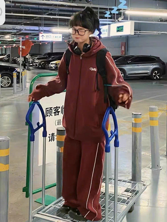 Bộ áo nỉ quần suông đỏ tía - đen