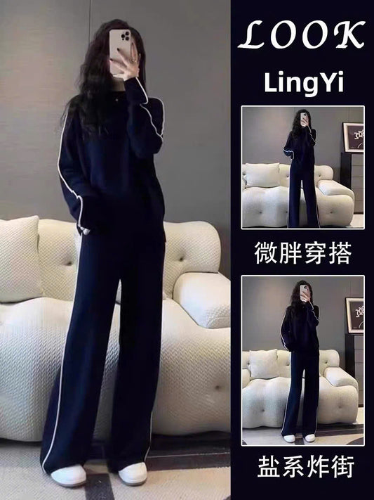 Bộ nỉ xanh than viền trắng thanh lịch