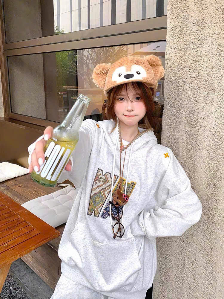 Bộ nỉ hoodie xám tiêu thêu pixel