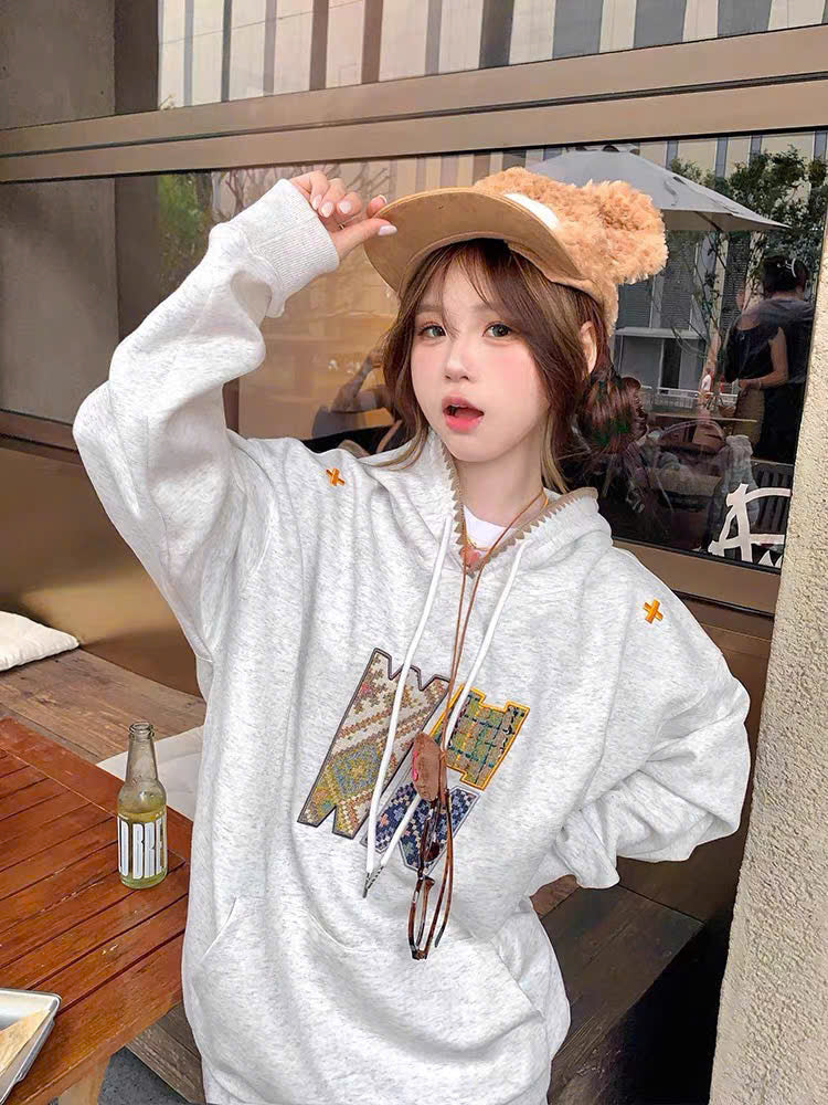 Bộ nỉ hoodie xám tiêu thêu pixel